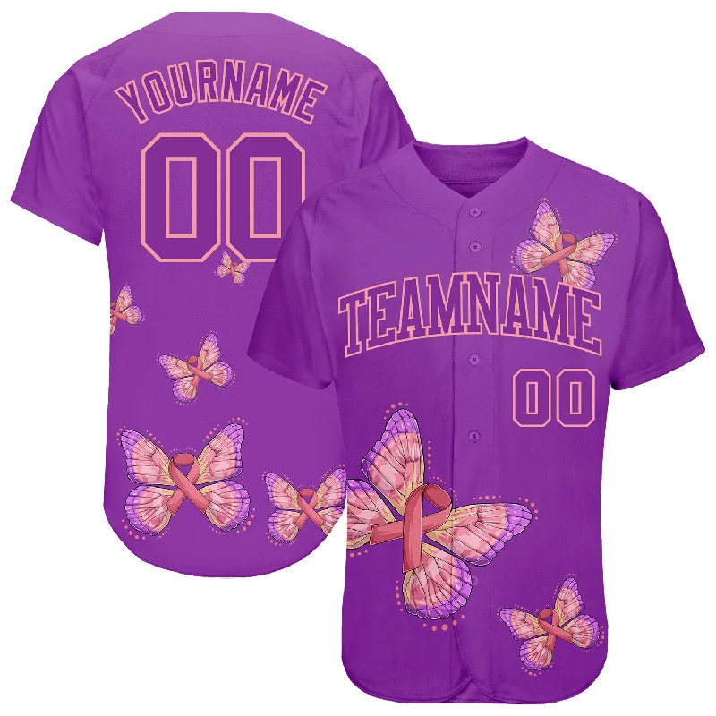 Custom Team Baseball Jerseys For Events-Custom 3D Pink Ribbon With Butterfly Wings Breast Cancer Awareness Month Women Health Care Support Authentic Baseball Jersey