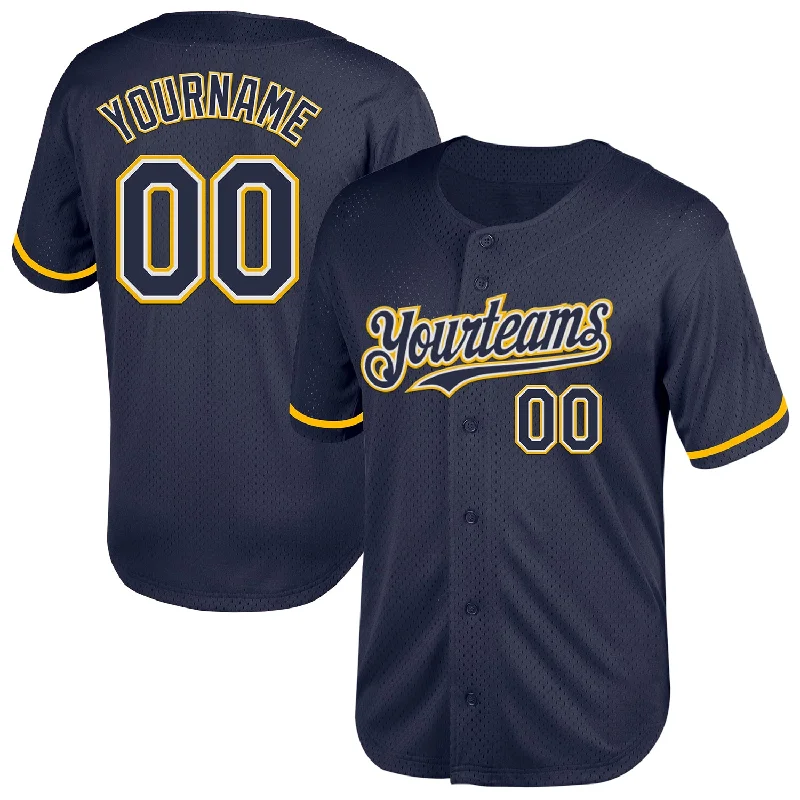 Custom Baseball Jerseys With Bold Patterns-Custom Navy White-Gold Mesh Authentic Throwback Baseball Jersey