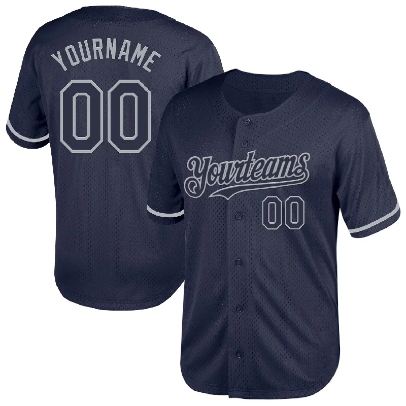 Personalized Baseball Jerseys With Unique Designs-Custom Navy Gray Mesh Authentic Throwback Baseball Jersey