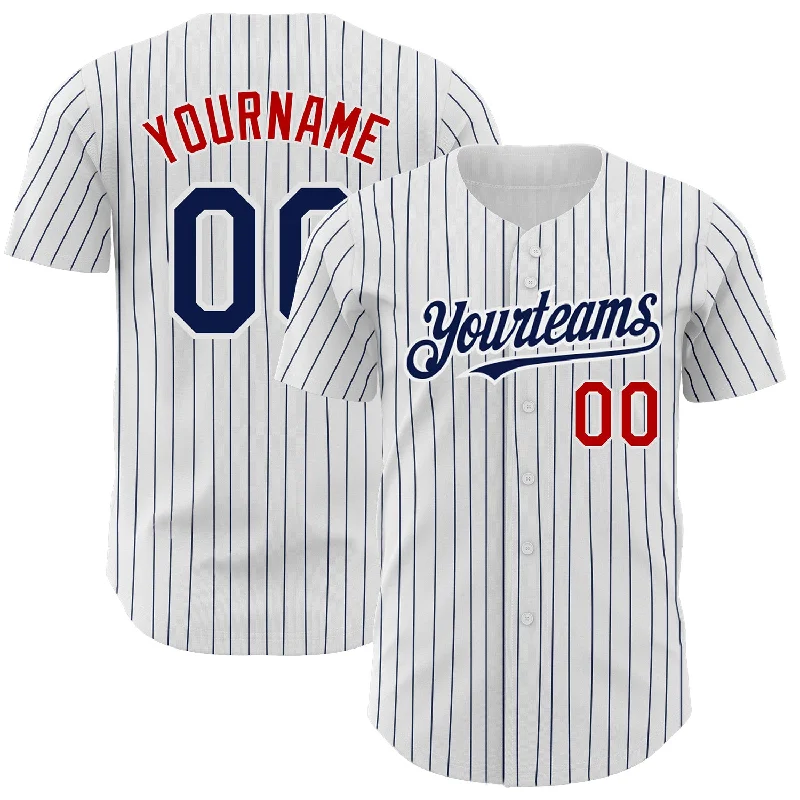 Custom Baseball Jerseys For Family Gifts-Custom White Navy Pinstripe Red Authentic Baseball Jersey