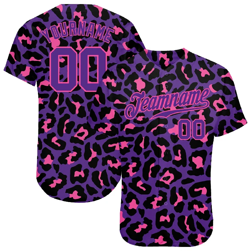 Baseball Jerseys With Team Emblem-Custom Purple Purple-Pink 3D Pattern Design Leopard Authentic Baseball Jersey