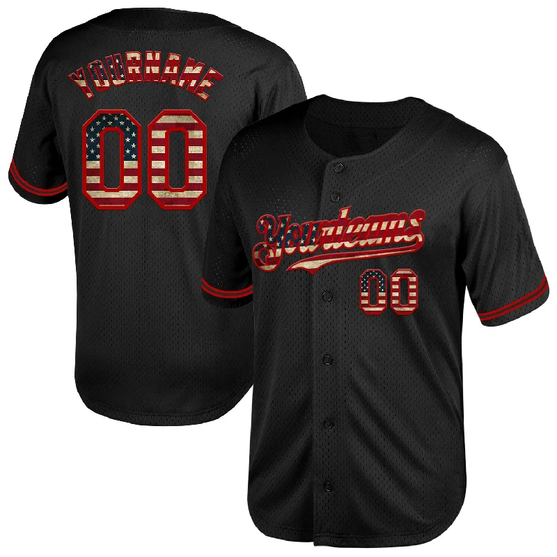 Team Spirit Baseball Jerseys-Custom Black Vintage USA Flag-Red Mesh Authentic Throwback Baseball Jersey