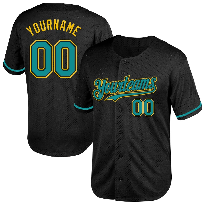 Professional Baseball Jerseys With Logos-Custom Black Teal-Yellow Mesh Authentic Throwback Baseball Jersey