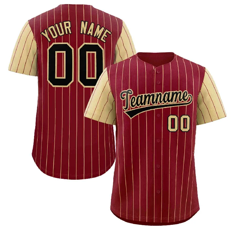 Personalized Baseball Jerseys With Vibrant Designs-Custom Crimson Black-Khaki Stripe Fashion Raglan Sleeves Authentic Baseball Jersey