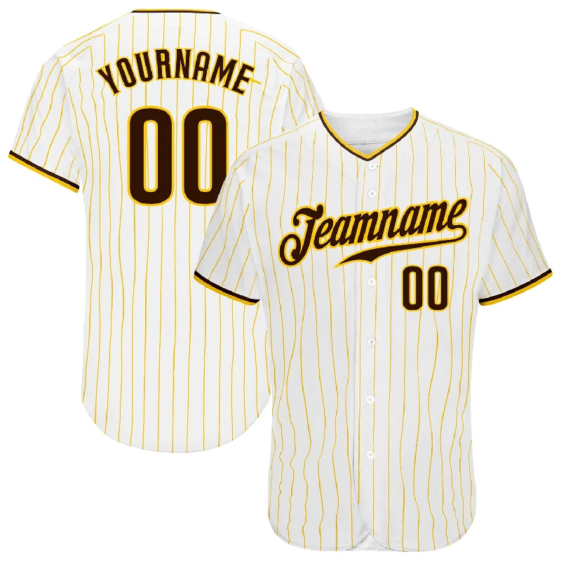 Custom Baseball Jerseys With Vintage Style-Custom White Gold Pinstripe Brown-Gold Authentic Baseball Jersey