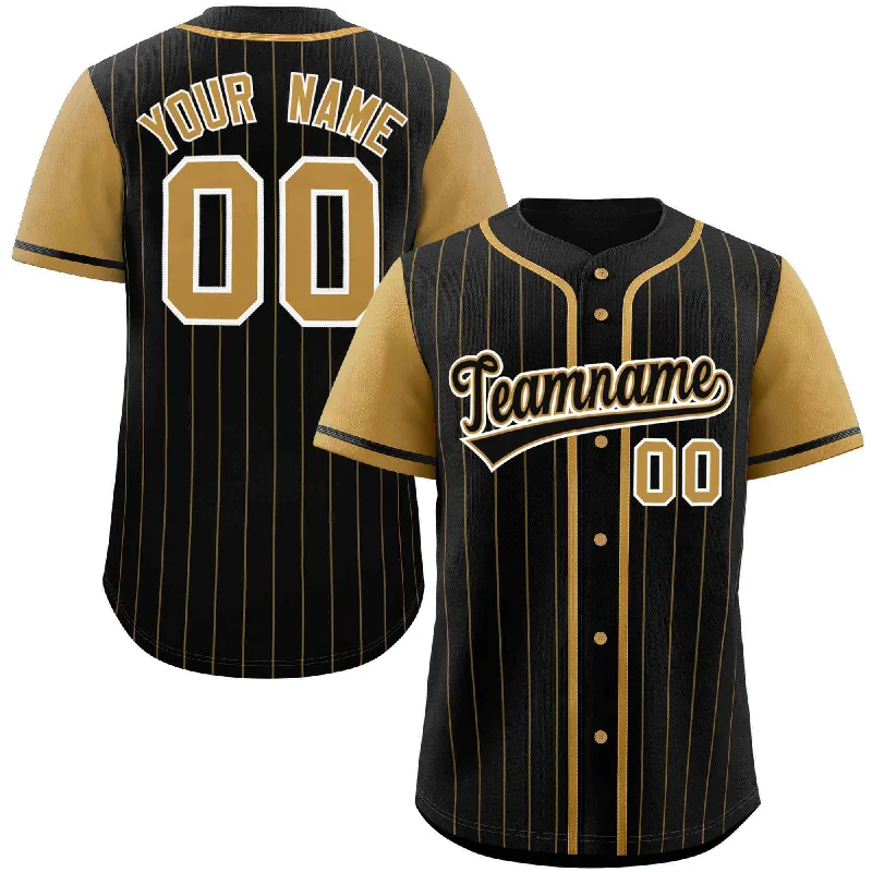 Professional Baseball Jerseys With Logos-Custom Black Old Gold Stripe Fashion Raglan Sleeves Authentic Baseball Jersey