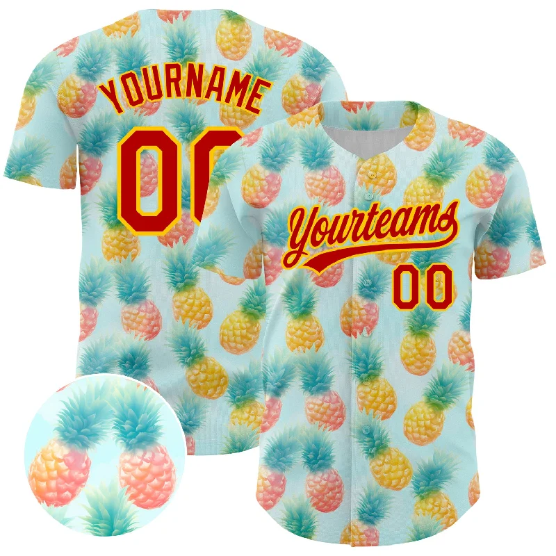 Custom Baseball Jerseys For College Teams-Custom Green Red-Yellow 3D Pattern Design Fruit Pineapple Authentic Baseball Jersey