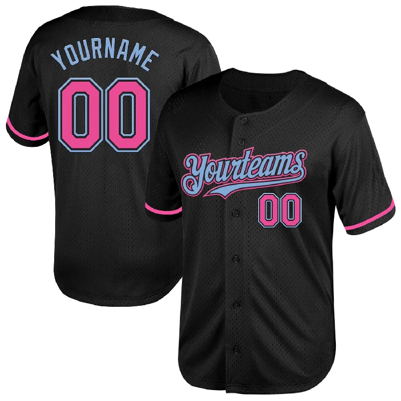 Baseball Jerseys With Player Names For Kids-Custom Black Pink-Light Blue Mesh Authentic Throwback Baseball Jersey