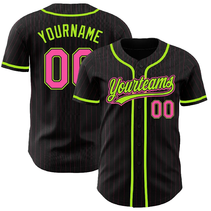 Custom Baseball Jerseys With Athletic Fit-Custom Black Pink Pinstripe Pink-Neon Green Authentic Baseball Jersey