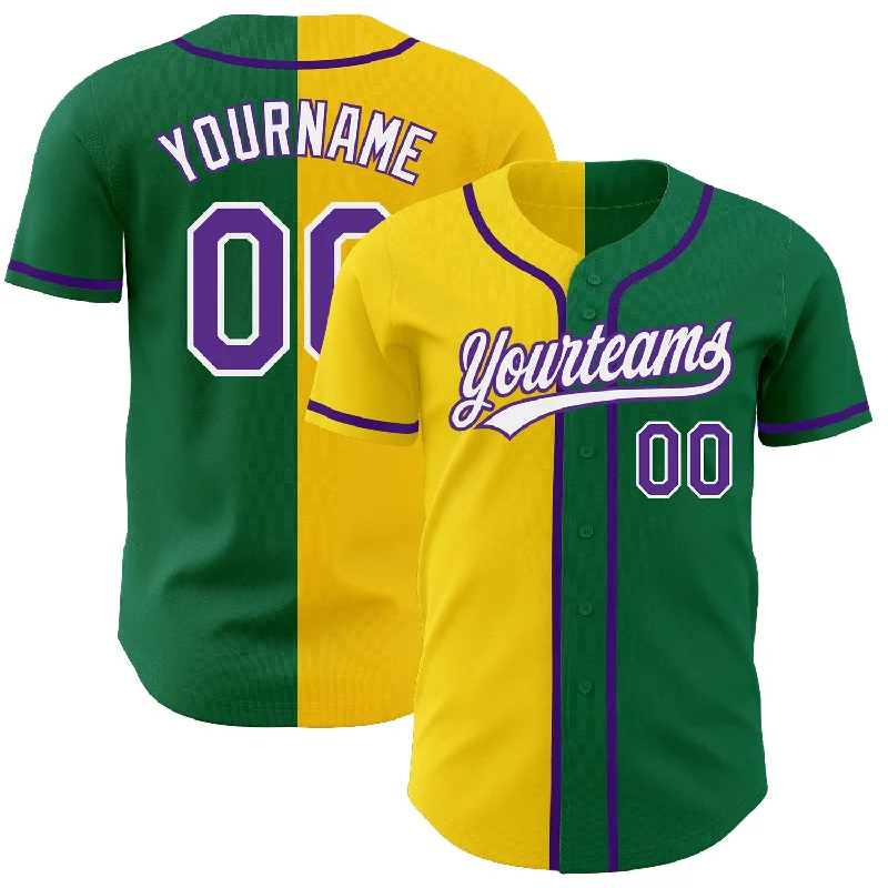 Custom Baseball Jerseys For Coaches-Custom Kelly Green Purple-Yellow Authentic Split Fashion Baseball Jersey