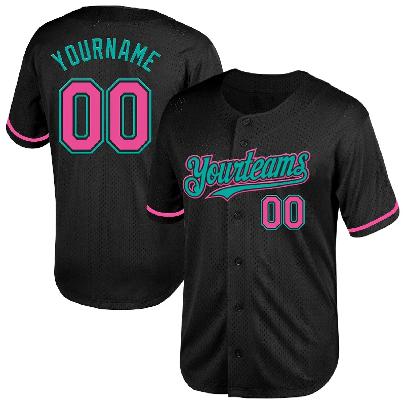 Personalized Baseball Jerseys For Clubs-Custom Black Pink-Aqua Mesh Authentic Throwback Baseball Jersey