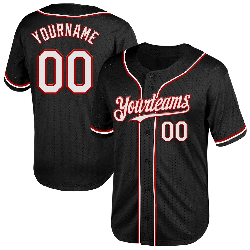 Custom Team Baseball Jerseys-Custom Black White-Red Mesh Authentic Throwback Baseball Jersey