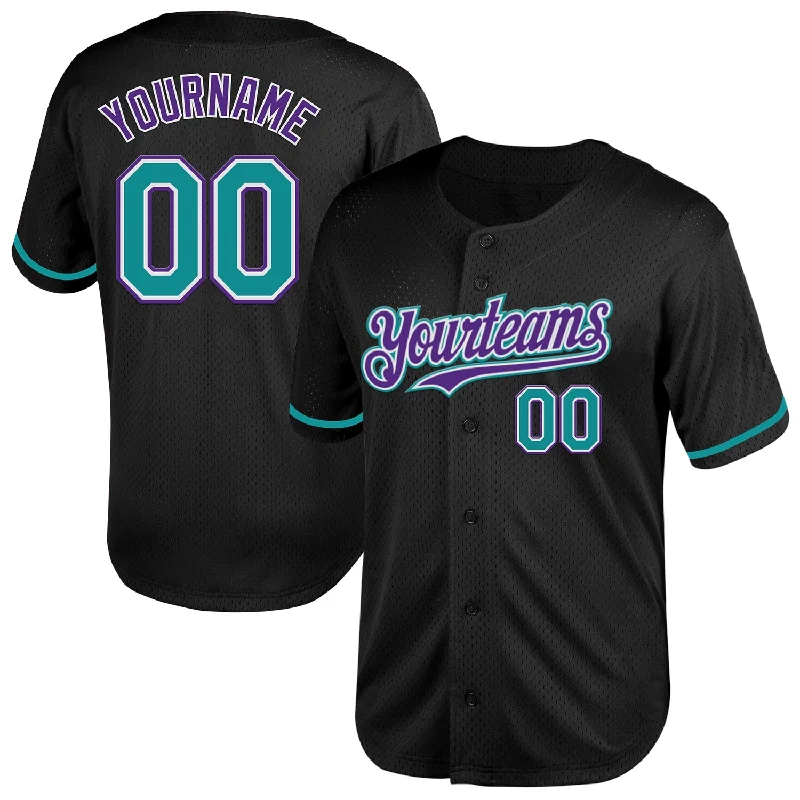 Unique Baseball Jerseys With Custom Features-Custom Black Teal-Purple Mesh Authentic Throwback Baseball Jersey