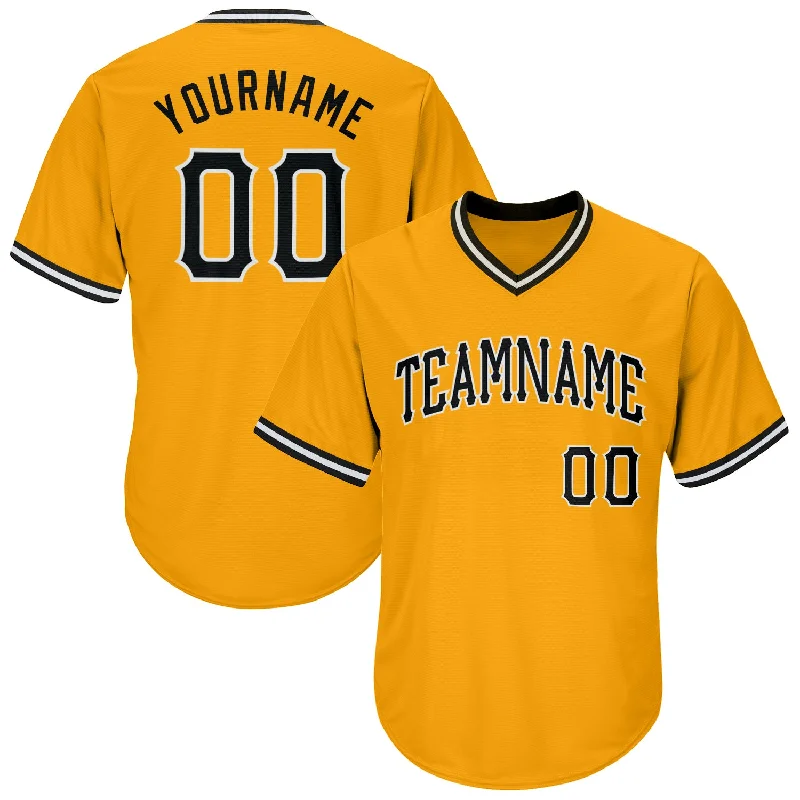 Custom Baseball Jerseys With Vintage Style-Custom Gold Black-White Authentic Throwback Rib-Knit Baseball Jersey Shirt