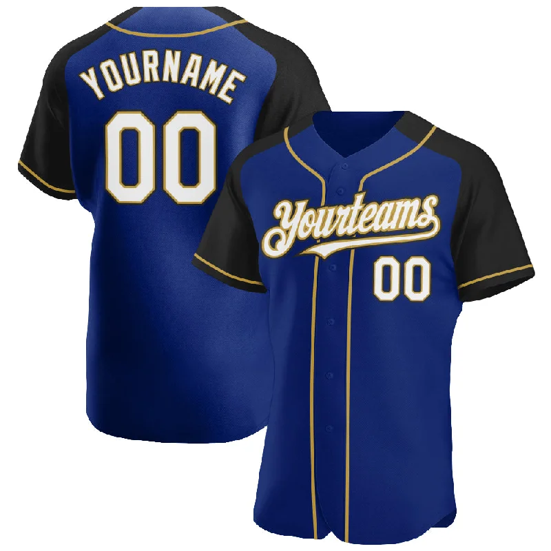 Baseball Jerseys With Sublimated Designs-Custom Royal White Black-Old Gold Authentic Raglan Sleeves Baseball Jersey