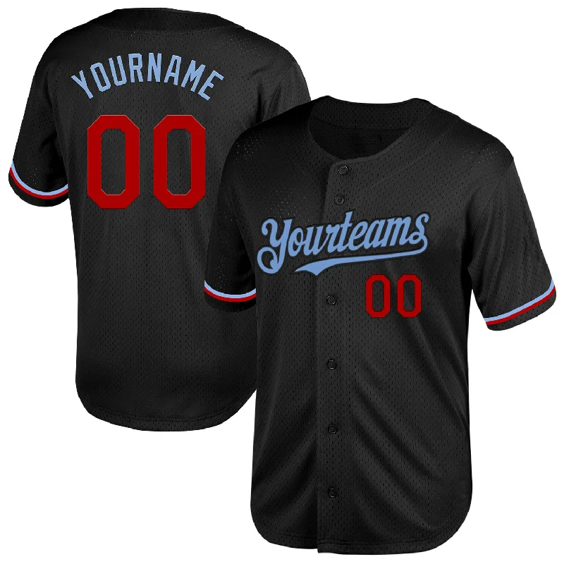 Team Baseball Jerseys For Outdoor Games-Custom Black Red-Light Blue Mesh Authentic Throwback Baseball Jersey