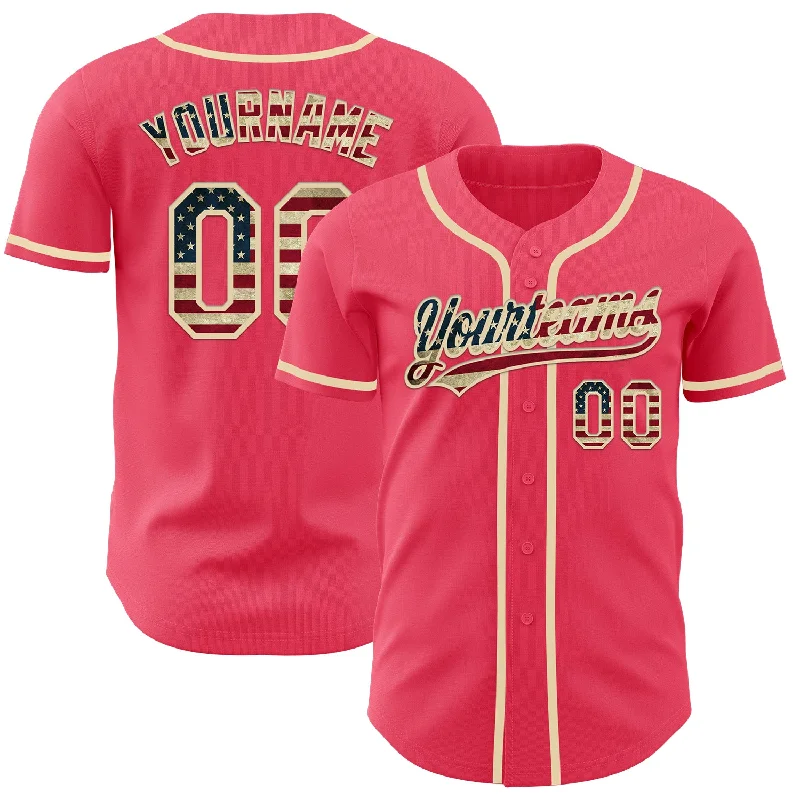 Classic Cotton Baseball Jerseys-Custom Neon Pink Vintage USA Flag-Cream Authentic Baseball Jersey