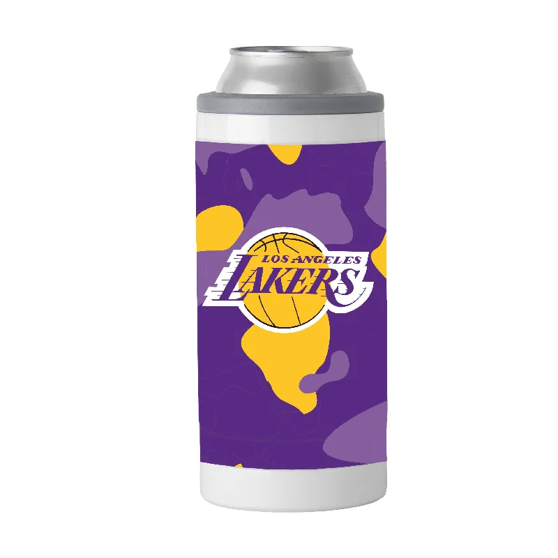 Team Mugs With Logos For Fundraisers-Los Angeles Lakers 12oz Camo Slim Can Coolie