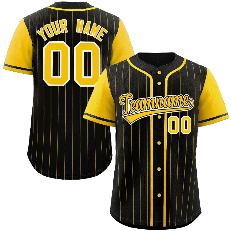 High-Quality Baseball Jerseys-Custom Black Gold Stripe Fashion Raglan Sleeves Authentic Baseball Jersey