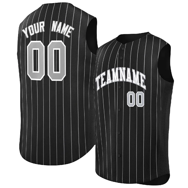 Youth Baseball Jerseys-Custom Black White-Gray Sleeveless Stripe Fashion Baseball Jersey