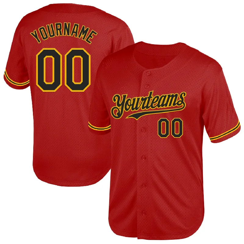 Personalized Baseball Jerseys For Boys-Custom Red Black-Gold Mesh Authentic Throwback Baseball Jersey