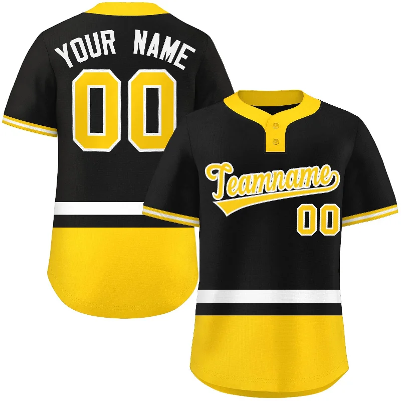 Custom Baseball Jerseys With Full Names-Custom Black White-Gold Color Block Personalized Authentic Two-Button Baseball Jersey