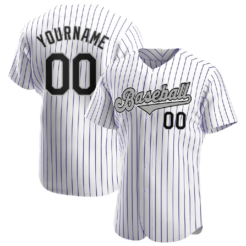 Baseball Jerseys For Professional Teams-Custom White Purple Pinstripe Black-Gray Authentic Baseball Jersey