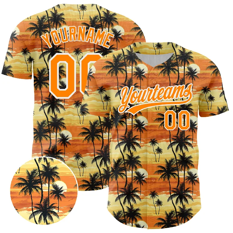 Custom Number Baseball Jerseys-Custom Yellow Bay Orange-White 3D Pattern Design Tropical Hawaii Palm Trees Authentic Baseball Jersey