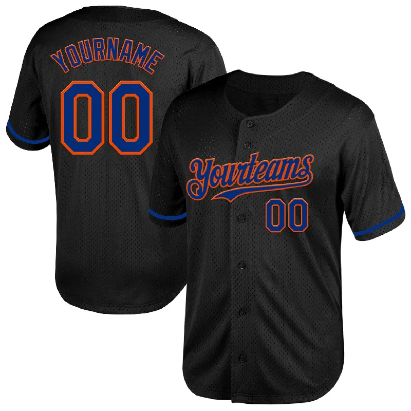 Custom Baseball Jerseys With Text And Logos-Custom Black Royal-Orange Mesh Authentic Throwback Baseball Jersey