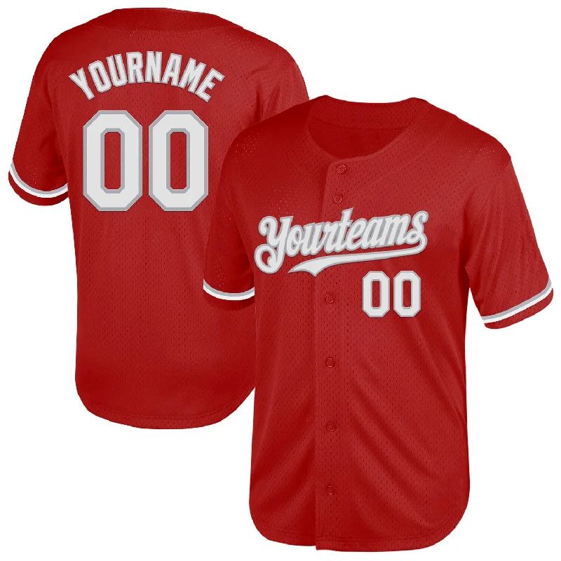 Baseball Jerseys With Player Signatures-Custom Red White-Gray Mesh Authentic Throwback Baseball Jersey