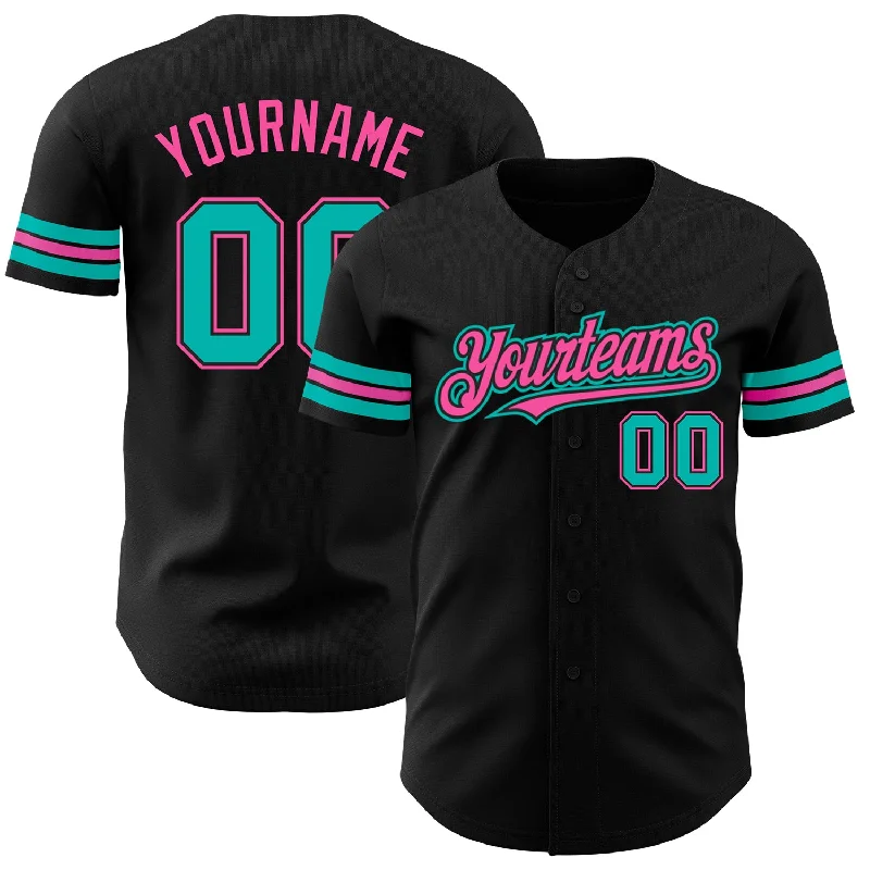 Personalized Baseball Jerseys For Special Occasions-Custom Black Aqua-Pink Authentic Baseball Jersey