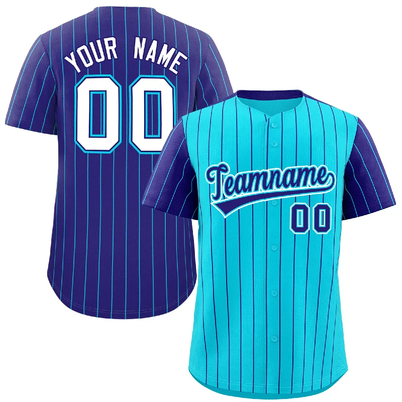 Personalized Baseball Jerseys With Unique Designs-Custom Sky Blue Purple Pinstripe Personalized Raglan Sleeves Authentic Baseball Jersey