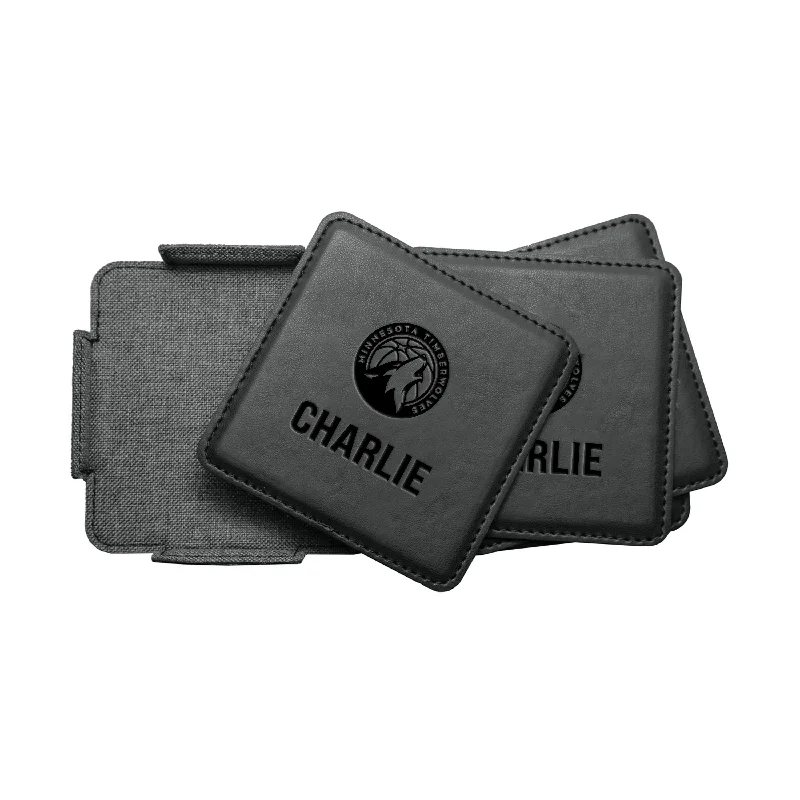 Custom Sports Mugs For Teams-Minnesota Timberwolves Personalized 4 Pack Leather Coaster