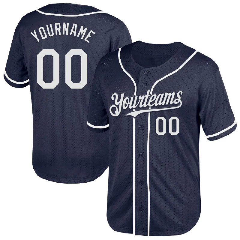 Soft Fabric Baseball Jerseys-Custom Navy White Mesh Authentic Throwback Baseball Jersey