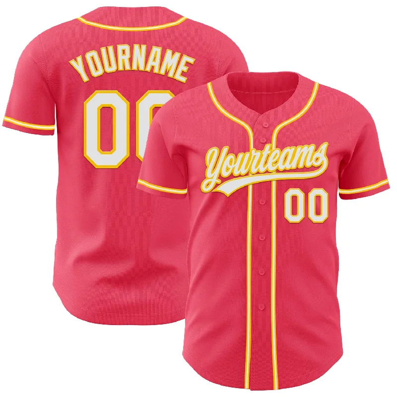 Baseball Jerseys With Customizable Stripes-Custom Neon Pink White-Yellow Authentic Baseball Jersey