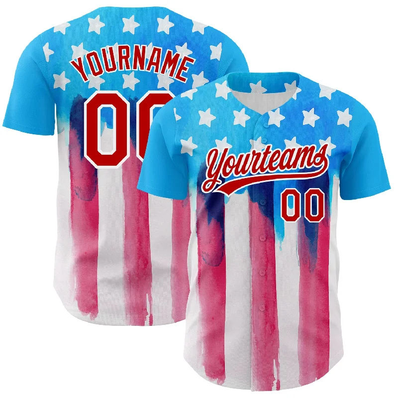 Baseball Jerseys With Stripes And Logos-Custom Electric Blue Red-White 3D American Flag Patriotic Authentic Baseball Jersey