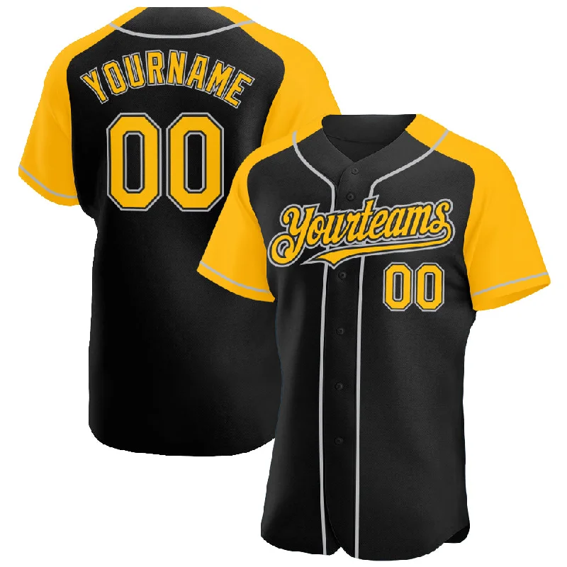 Custom Baseball Jerseys For All Occasions-Custom Black Gold-Gray Authentic Raglan Sleeves Baseball Jersey