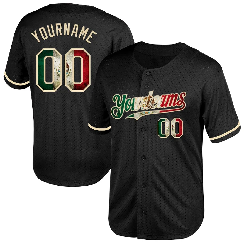 Custom Baseball Jerseys With Bold Patterns-Custom Black Vintage Mexican Flag-Cream Mesh Authentic Throwback Baseball Jersey