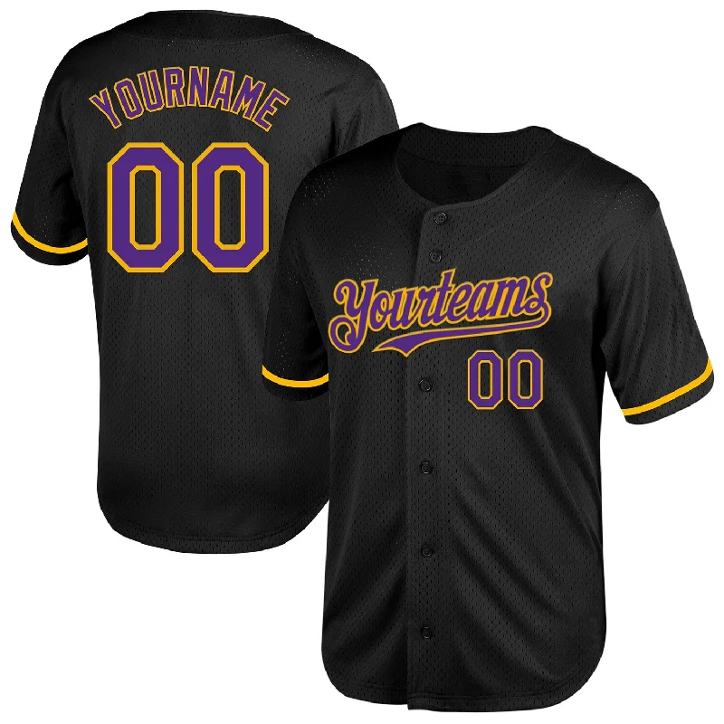 Baseball Jerseys With Special Event Design-Custom Black Purple-Gold Mesh Authentic Throwback Baseball Jersey