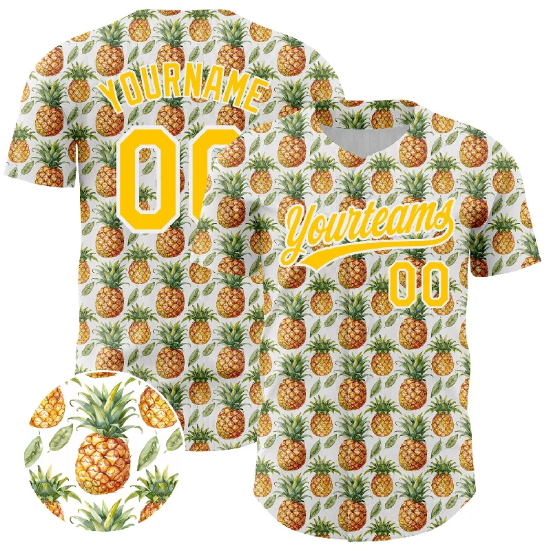 Baseball Jerseys With Bright Designs-Custom White Yellow 3D Pattern Design Fruit Pineapple Authentic Baseball Jersey