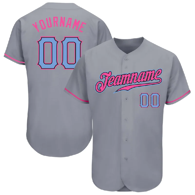 Custom Team Baseball Jerseys-Custom Gray Light Blue-Pink Authentic Baseball Jersey