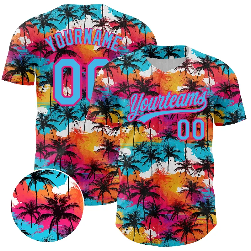 Baseball Jerseys For Sports Fans-Custom Sky Blue Hot Pink 3D Pattern Design Tropical Hawaii Palm Trees Authentic Baseball Jersey