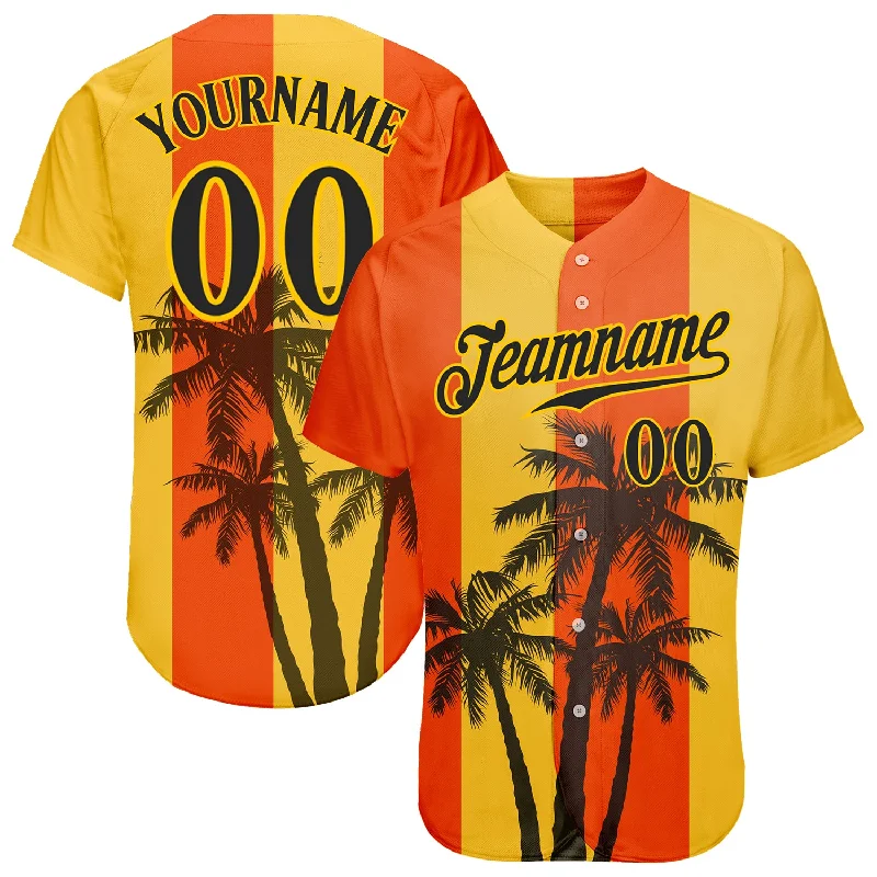 Team Baseball Jerseys With Custom Prints-Custom Orange Black-Gold 3D Pattern Design Hawaii Coconut Trees Authentic Baseball Jersey