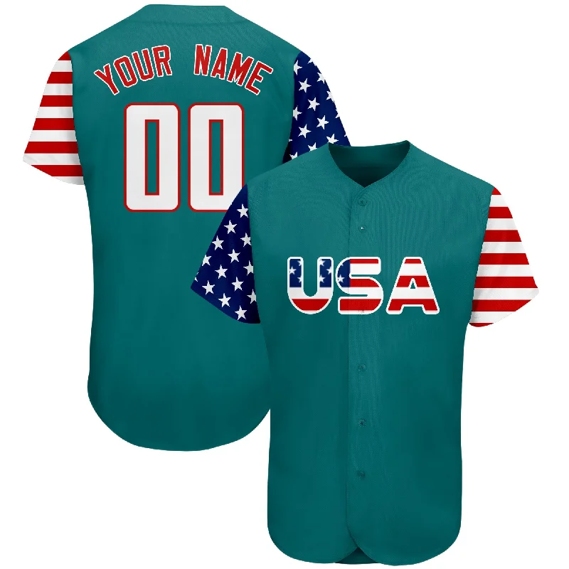 Baseball Jerseys With Player Numbers-Custom Aqua White-Red American Flag Authentic Baseball Jersey