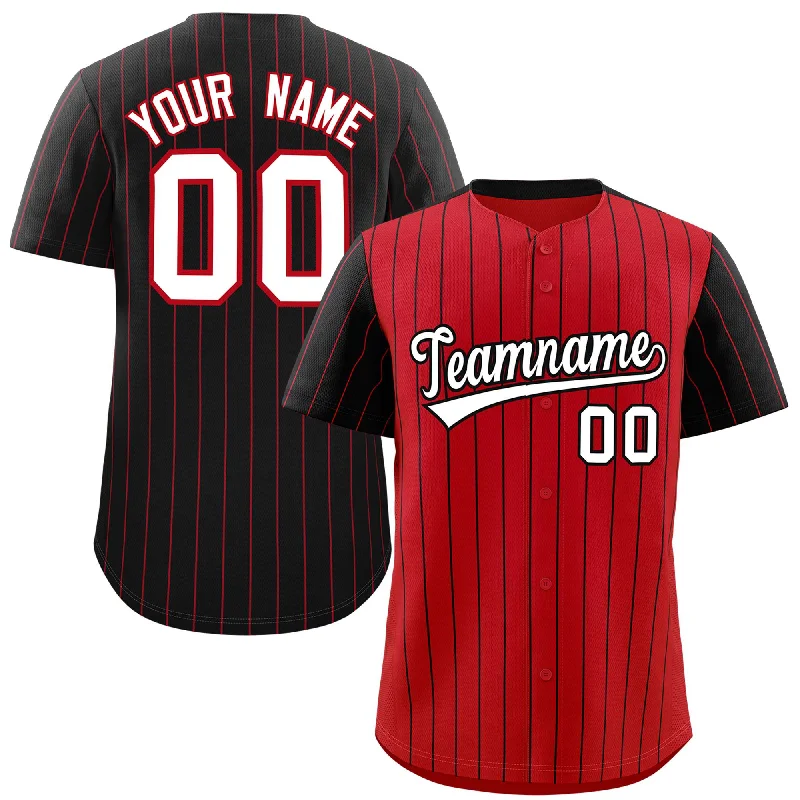 Custom Number Baseball Jerseys-Custom Red Black Pinstripe Personalized Raglan Sleeves Authentic Baseball Jersey