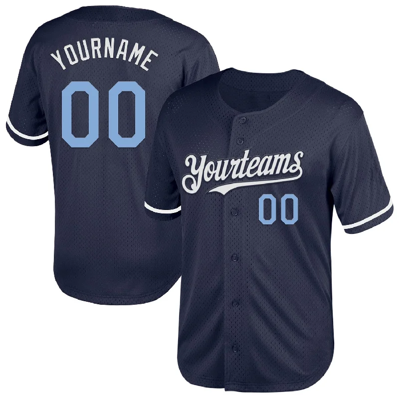 Custom Baseball Jerseys For Kids-Custom Navy Light Blue-White Mesh Authentic Throwback Baseball Jersey