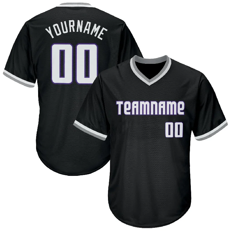 Custom Baseball Jerseys For Professional Use-Custom Black White-Purple Authentic Throwback Rib-Knit Baseball Jersey Shirt