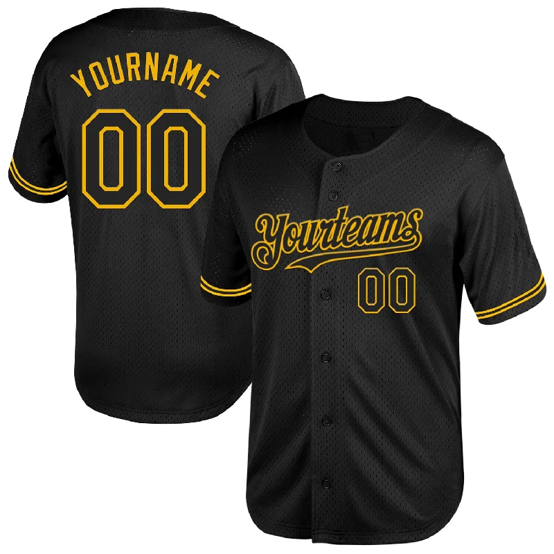 Custom Baseball Jerseys For Holiday Gifts-Custom Black Gold Mesh Authentic Throwback Baseball Jersey