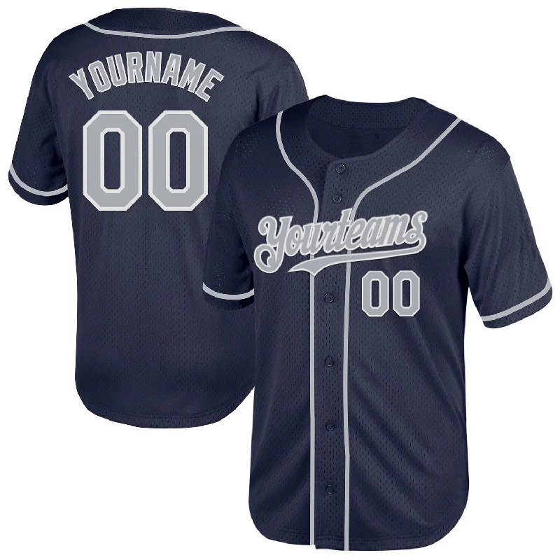 Custom Baseball Jerseys With Full Names-Custom Navy Gray-White Mesh Authentic Throwback Baseball Jersey