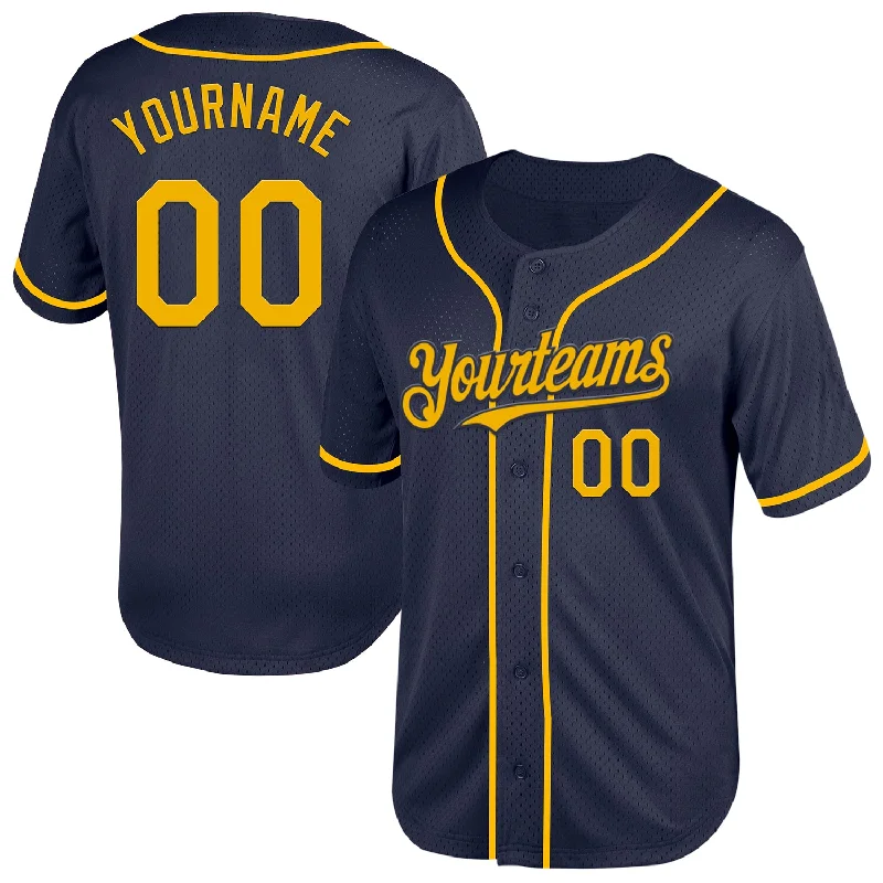 Custom Baseball Jerseys For Special Tournaments-Custom Navy Gold Mesh Authentic Throwback Baseball Jersey